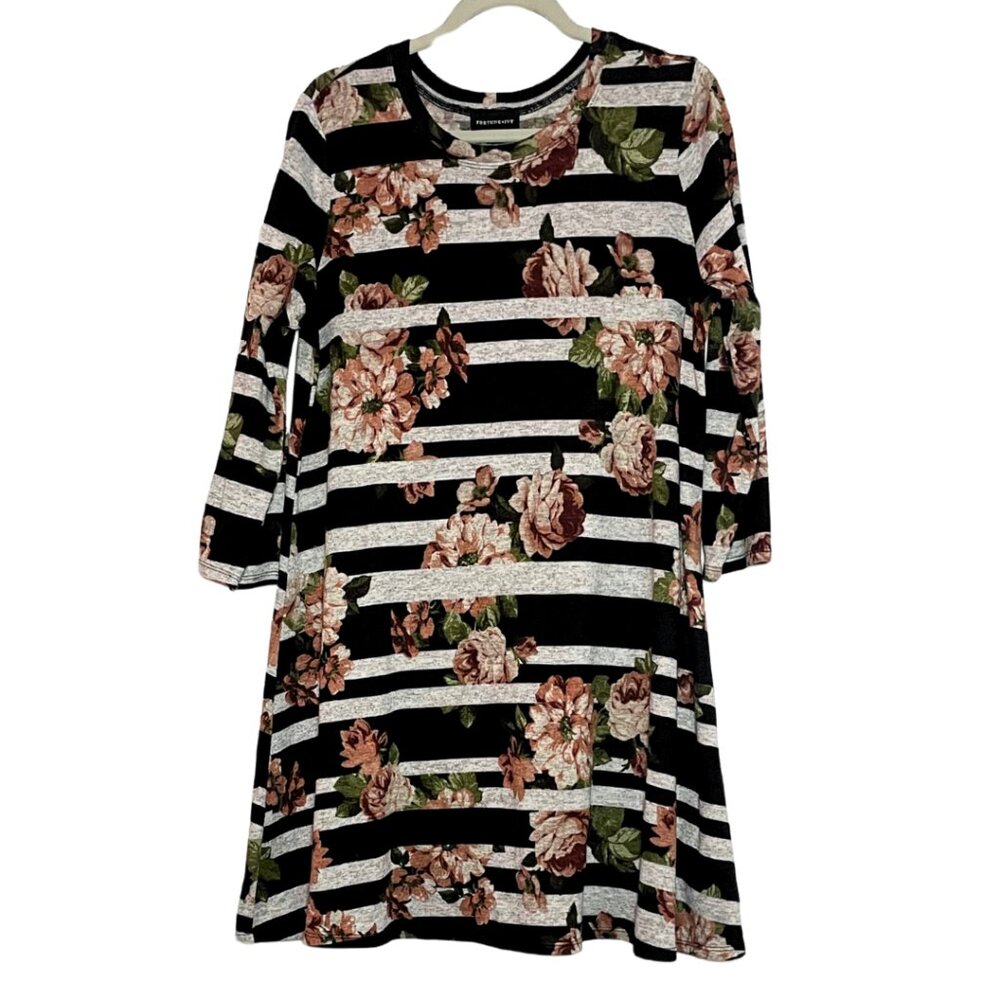 Fortune+Ivy Grey Black Floral Knee Length 3/4 Sleeve Sweater Dress Women's XXL